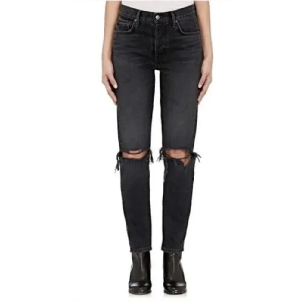 GRLFRND Karolina Black High Rise‎ Straight Ripped Jeans Wild Thing 25 $195